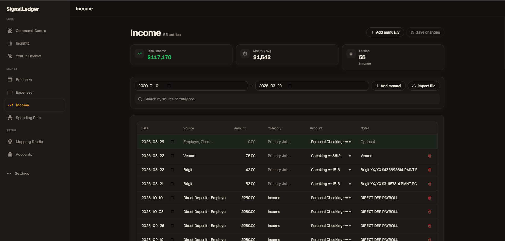 LEDGR desktop dashboard showing income analytics and trends